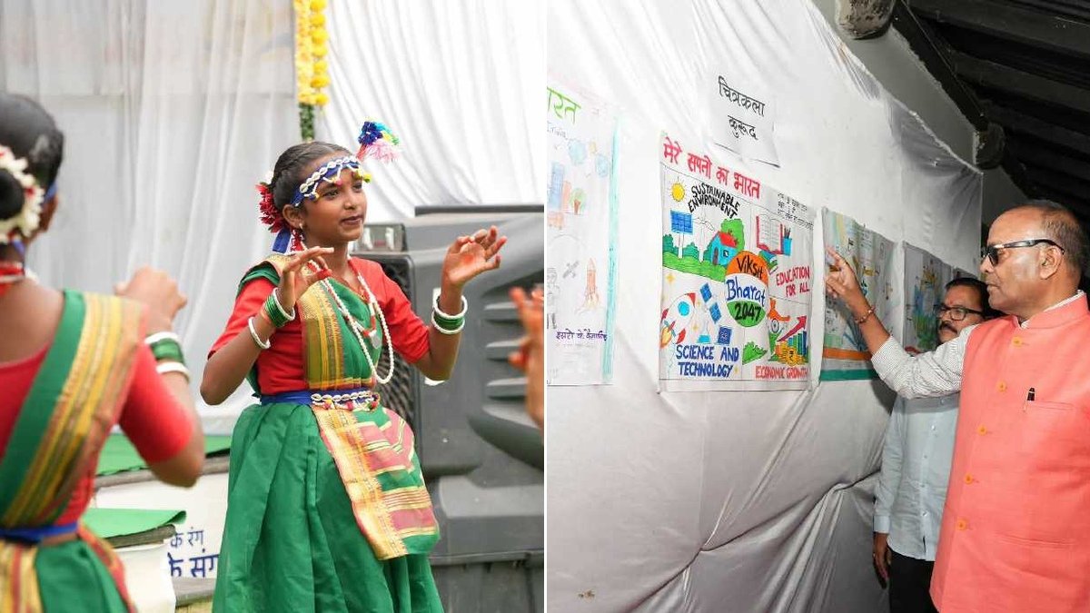 अजय चंद्राकर विद्यार्थियों की चित्रकला प्रदर्शनी का अवलोकन करते हुए